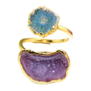 KHN Fashion Natural Light Pink Geode Druzy Blue Solar quartz Gold Electroplated Adjustable Rings Gift For Her