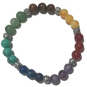 Multi Stone 8 MM Bracelet with Silver Round Beads Stretch Multistone Bracelet pack of 1 (B990) SMALL SIZE