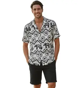 Glowic Men's Premium Cotton Blend Printed Cuban Collar Shirt | Stylish Elephant Motif Half Sleeve Beach Wear Casual Button Down Hawaiian Shirt for Men