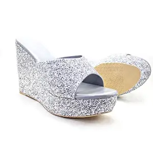 DREAMSAFE Women's 5 Inch Comfortable and Stylish Wedges Sandal For Casual Wear & Formal Wear Occasions (Silver, numeric_6)