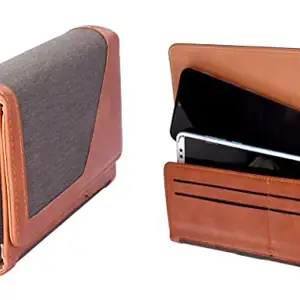 LIKECASE Dual Phone Magnetic Closure Canvas Belt Holster Leather Case Cover for vivo Y21G / iQOO U5x / iQOO Z6 / Y01 / Y33s 5G / T1x 4G / iQOO 9 SE / T1 5G - Brown