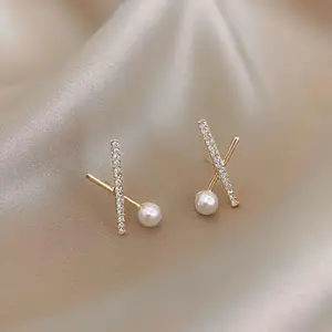 Fashions Cross Rhinestone Pearl High Fashion Korean Stud Pair Crystal Stainless Steel Earring Set D1D2
