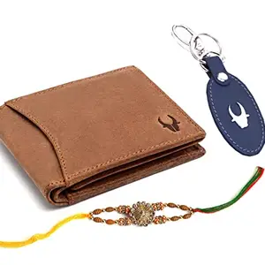 WildHorn Rakhi Gift Hamper for Brother - Classic Men's Combo/Gift Set of Leather Wallet, Keyring and Rakhi for Brother (Tan)
