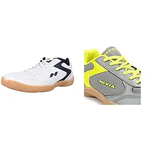 Nivia Badminton Flash Shoes, 8 UK, (White/Blue) Men's Dark Grey Yellow Flash Shoe 7UK
