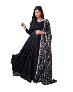 VYANA FASHION VYANA FASHION Women Printed Full Stitched Gown Kurta Fox Georgette Printed Maxi Long Gown Full Linning with Embroidery Work Dupptta Dress (Black, Small)