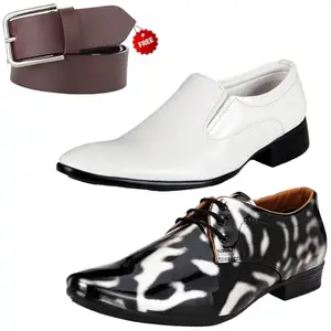 Fashionable Formal Shoes/Party Shoes/ 2 Shoes Combo with Free Belt for Men and Boys (BAZAAR8727_VTR01-Blk-Slvr-2004-Wht) Multicolor