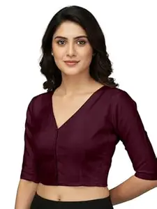 Mehrang V-Neck Taffeta 3/4 Sleeves, Front Hook Closure with Smocked Side Panel, Full Back Covered Readymade Saree Blouse for Women