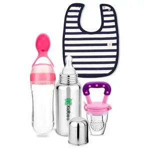 Kidbea Stainless Steel Infant Baby Feeding Bottle, Blue Strip Bibs, Pink Silicone Food and Fruit Feeder BPA Free Combo of 4