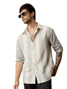 The Souled Store Monotone Men and Boys Long Sleeve Spread Collar Off-White Striped Casual Lightweight Drop Shoulder Streetwear Trendy Cotton Oversized Shirt