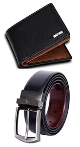 URBAN FOREST Kyle Black/Redwood Leather Wallet & Reversible Belt Combo for Men
