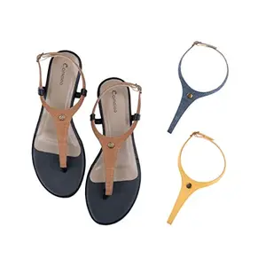 Cameleo -changes with You! Cameleo -changes with You! Women's Plural T-Strap Slingback Flat Sandals | 3-in-1 Interchangeable Strap Set | Brown-Dark-Blue-Yellow