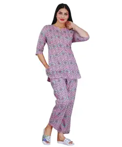 Night Suit Top and Pyjama Set for Women's (Pink, S)