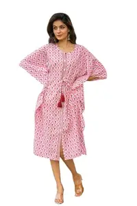 Navyas Fashion Women’s Cotton Hand Block Printed Kaftan | Resort Wear, Beach Cover-Up & Nightwear | Comfortable Ethnic Long Kaftan with Tassel Tie (IN, Alpha, 4XL, Pink)