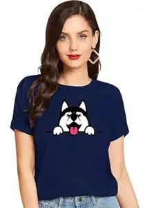 ELEVAJET Women's Stylish Trendy Dog Printed 100% Cotton T-Shirt for Women & Girls (Pack of 1) Blue Colored (UG-187-S)