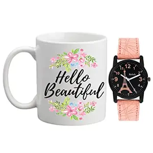Relish Pink Strap Analogue Watch with Hello Beautiful Printed Coffee Mug