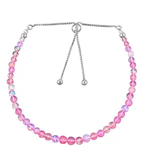 RRJEWELZ Pink Opal Round Beaded Bracelet – Smooth 3mm Pink Stones with Silver Lock – 7 Inch Adjustable link Bracelet for Men & Women|LCBR_RR_05476