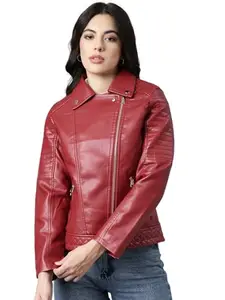 SHOWOFF Women's Long Sleeves Solid Lapel Collar Red Biker Jacket-19615_Red_L