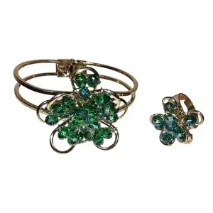 Mk Elegant Gold-Plated Flower Bracelet & Ring Combo – Adjustable Jewelry Set for Women & Girls (Multiple Colors) (Green)