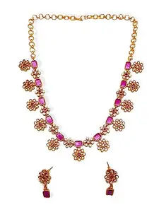 Griiham Short necklace set with Ruby and cz Stones floral motif for women and girls