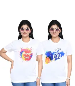 SWAGATA Enterprise Women's Casual Graphic Printed Holi T-Shirt Combo I Regular Fit Round Neck Air Jet Unisex Tshirt for Women, Pack of 2 - White / Multi36 (Size - XL)