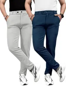 Men’s Slim Fit Lycra Casual Trousers Combo Pack of 2 | Stretchable Formal Pants for Men | Mid Rise Smart Office & Casual Wear Ankle Length Trouser