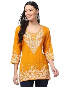 LIBA CREATIONS Women’s Short Kurti with Embroidery & All-Over Print – Casual Ethnic Wear.