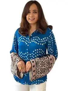 Zans & mens Women's Printed Shirt, Long Sleeve, Embroidered Cuffs, Collared Neck, Casual Ethnic Wear (in, Alpha, XL, Regular, Red-Ajrakh)