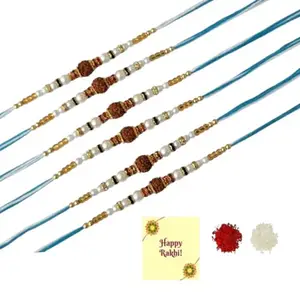 DMS RETAIL Handmade Eco Friendly Simple Thread Gunthan Moli Combo Pack Rakhi for Brother/Sister/Bhai/Bhabhi Rudraksh Rakhi Set Of (6)
