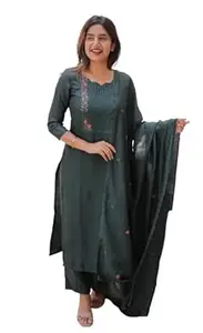 ALAKHI STUDIO Women Cotton Kurta Pant Set with Chanderi Cotton Dupatta | 3-Piece Straight Fit 3/4 Sleeves Kurta with V-Neck | Ethnic, Festive & Casual Wear for Women| 3 Piece Set