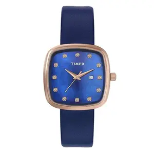TIMEX Analog Watch for Women with Blue Square Dial & Blue Leather Strap Band Water Resistant Women's Wrist Watches - TWEL20601