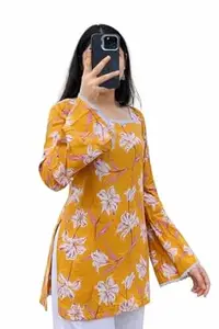 Women Rayon Floral Printed Tunic Top | Square Neck | Bell Sleeve Stylish Kurti for Women | Casual Short Kurti