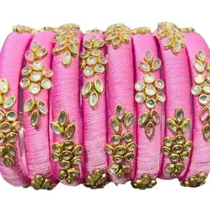 IJYA Sihan Handicrafts Kundan Work Silk Thread Bangle Kada For Women Girls 8 PC Set Wedding & Festive Occasion Handmade Multicolored Chura Chuda Chudi Stone Studded(B Pink) (2.4)