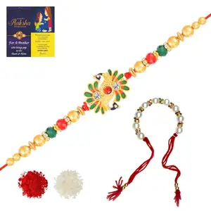 De Marquis Send Rakhi for Bhaiya & Bhabhi, 1 Rakhi + 1 Lumba, Couple Rakhis, Tikka + Greeting Card Combo Gift Set (HAPPY RAKSHABANDHAN)