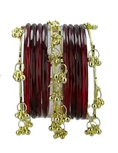 ZULKA Trendy Glass Bangles with Alloy Ghungroo Charms For Women & Girls | Fancy Designer Glass Bangles | Traditional Chudi | Kanch Ki Churi | Stylish Ghungroo Bangles For Women - Set Of 12