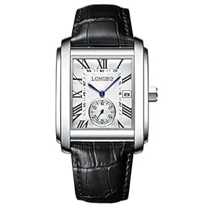LONGBO Mens Watch Rectangular Shape Alloy Case Business Casual Genuine Leather Strap Watch with Seconds Subdial | Calendar Date | Scratch Resistant Waterproof Watch for Men