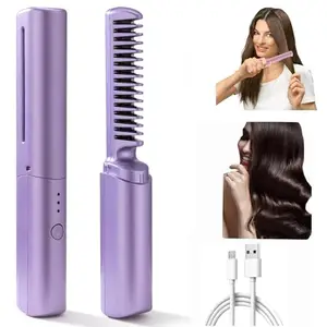 QUEBERS Portable Hair Straightener for Travel, Rechargeable Mini Hair Straightener, Curling and Straightening, 2 in 1 Mini Straightener, Pocket mini Hair Comb,mini Heat Comb, 3 Gear Control