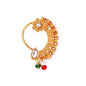 Anuradha Art Jewellery Gazing Gold Plated with Pearl Alloy and Non Piercing Clip On Press Maharashtrian Nath for women.