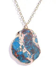 Gempro Natural Raw Turquoise (Firoza) Lucky Gemstone Electroplated Chain Pendant for Women