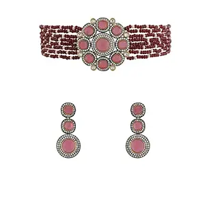 I Jewels 18k Gold Plated Traditional Maroon Stone Studded & Beaded Choker Necklace Jewellery Set For Women/Girls (K7205M)