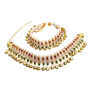 Gold Plated Kundan Anklet with Ruby, Pearl, and Emerald Stones, ams60