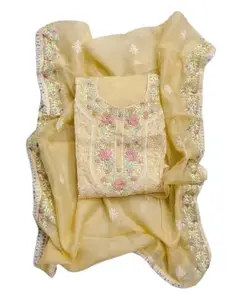 Unstitched Suits For Women Kota Doriya Shirt Embroidery Salwar Suit Dress Cotton Bottom Material With Kota Embroidery Work Dupatta (Free Size) (Lemon)