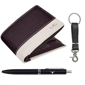 URBAN FOREST Saul Nappa Brown/Sand Leather Wallet, Black Pen & Keychain Combo Gift Set for Men