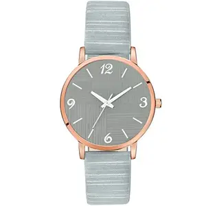 Varni Retail Stripped Design Dial Grey Leather Casual Analog Watch for Women
