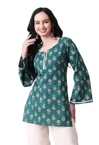 MEERA FAB Women's Floral Printed Cotton Short Kurta | Floral Printed Kurta with Bell Sleeves | Short Kurti for Women