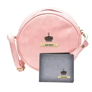 YOUR GIFT STUDIO : Classy Leather Customized Chained Sling Bag Round + Men's Wallet - Light Pink Grey