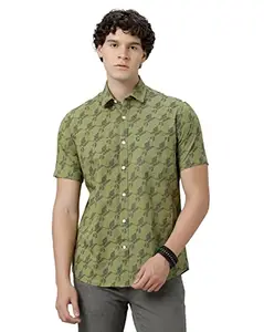 Cavallo by Linen Club Men's Cotton Linen Green Printed Slim Fit Half Sleeve Casual Shirt