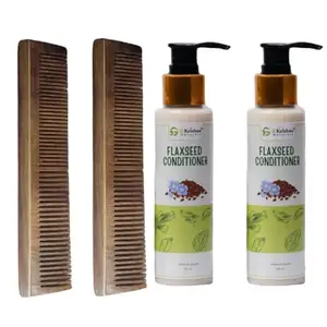 G Krishna Naturals Hair Brushes Wooden Neem Comb & Flaxseed Conditioner for Women & Men | Durable Long Lasting Wood Kangi and Hair Conditioner for Natural Hair Growth (Pack of 2 Each)(GKNFPC2-07)