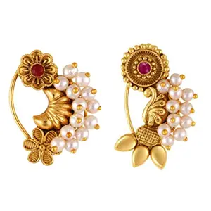 VFJ VIGHNAHARTA FASHION JEWELLERY Vighnaharta Gold Plated with Pearl Alloy and Artificial stone CZ Non Piercing Maharashtrian Nath Nathiya Combo./ Nose Pin valentine day gift valentineday gift for her gift for him gift for women gift for women[VFJ1172-1179NTH-Press-Red]