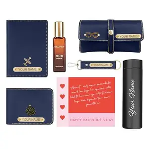 The Wallet Store Personalized Travel Love Gift Hamper for Men 6 in 1 Gift Set | Best for Valentine's Day Gifting | with Free Personalized Greeting Card (Blue)