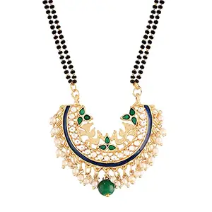 I Jewels 18k Gold Plated Traditional Meena Work Pearl Studded Pendant with Black Bead Chain Mangalsutra for Women (D082)